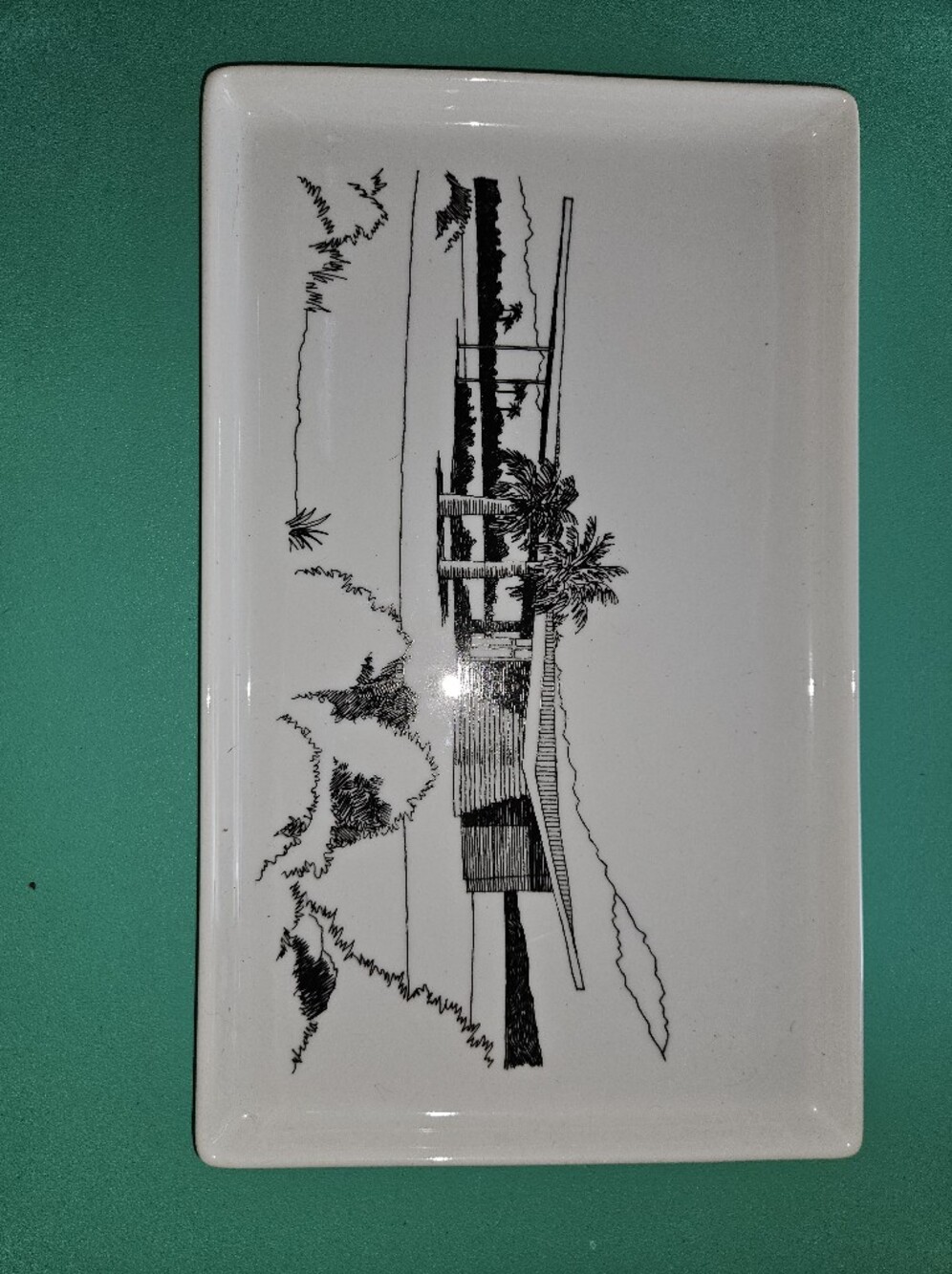 Michael & Rigo "Tramway Gas Station" architectural porcelain tray 10.75"x6.5"